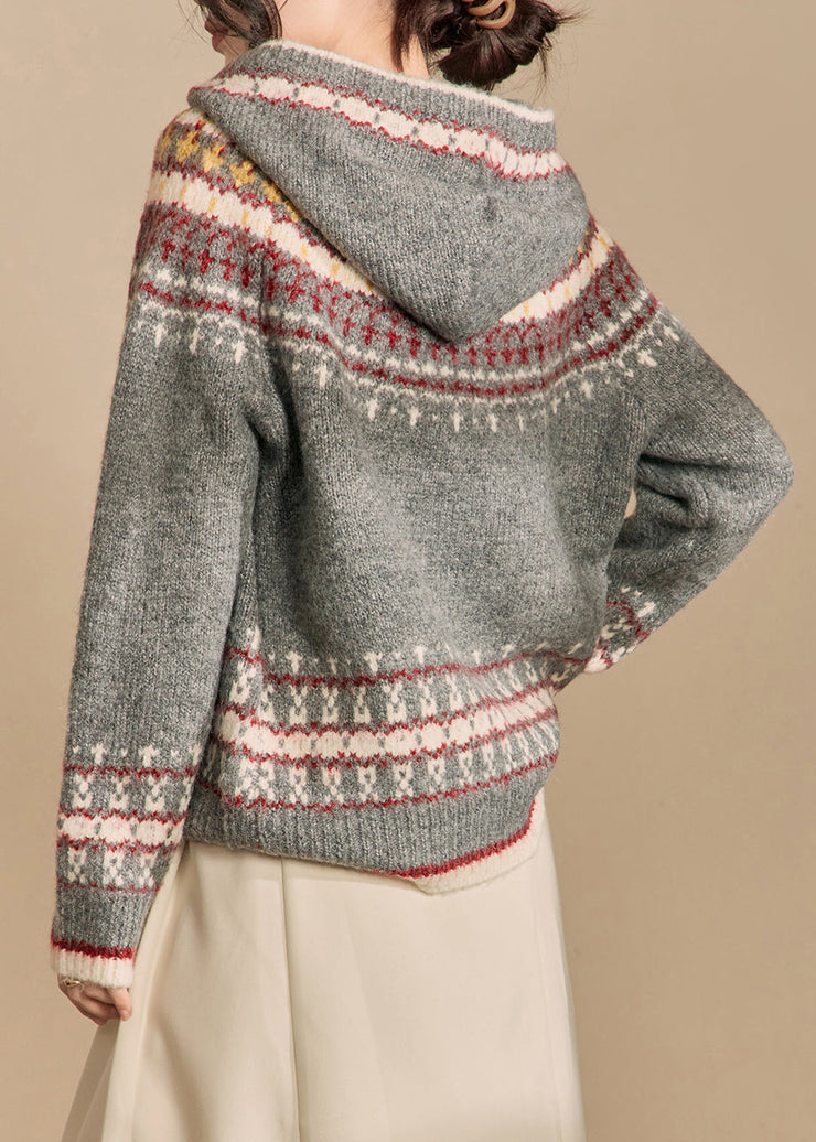 Jacquard Grey Hooded Button Knit Cardigans Winter