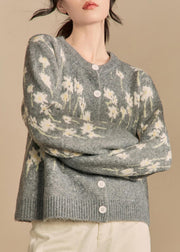 Jacquard Grey O Neck Button Knit Coat Winter