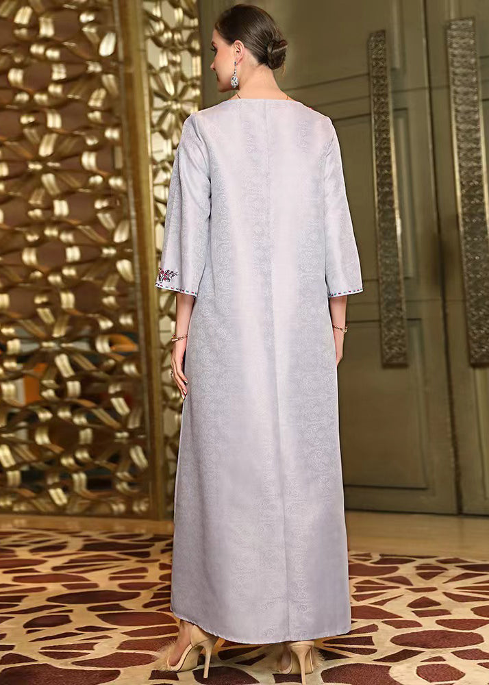 Jacquard Grey O-Neck Embroidered Silk Maxi Dresses Fall