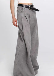 Jacquard Grey Pockets High Waist Cotton Wide Leg Pants Spring