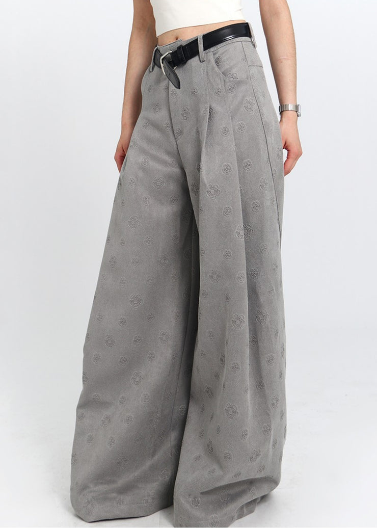 Jacquard Grey Pockets High Waist Cotton Wide Leg Pants Spring