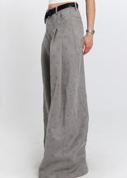 Jacquard Grey Pockets High Waist Cotton Wide Leg Pants Spring