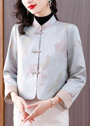 Jacquard Light Blue Stand Collar Button Cotton Coats Fall