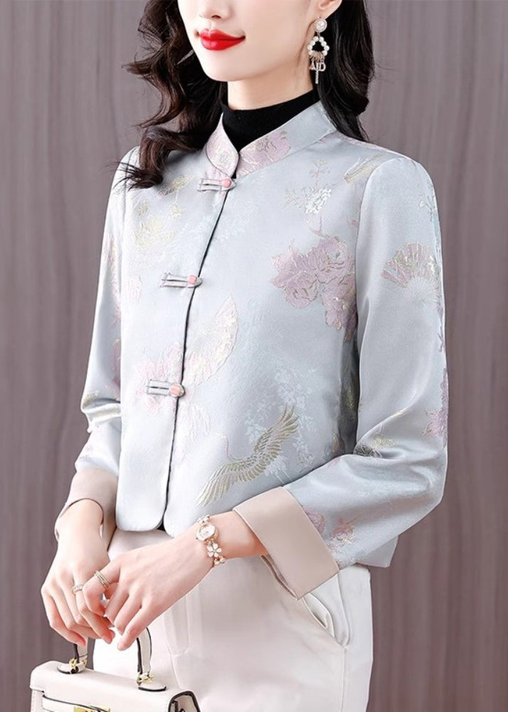 Jacquard Light Blue Stand Collar Button Cotton Coats Fall