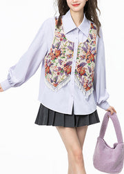 Jacquard Llight Purple Peter Pan Collar Print Tassel Button Shirt Puff Sleeve