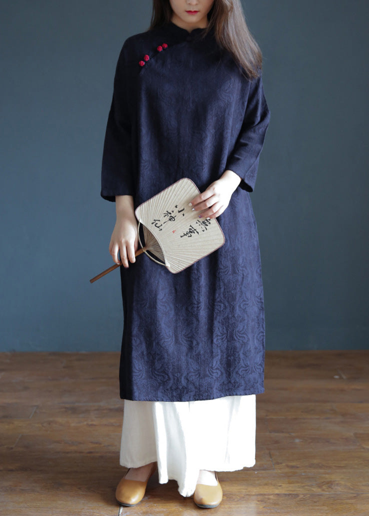 Jacquard Navy Blue Stand Collar Embroideried Floral Button Maxi Dresses Spring