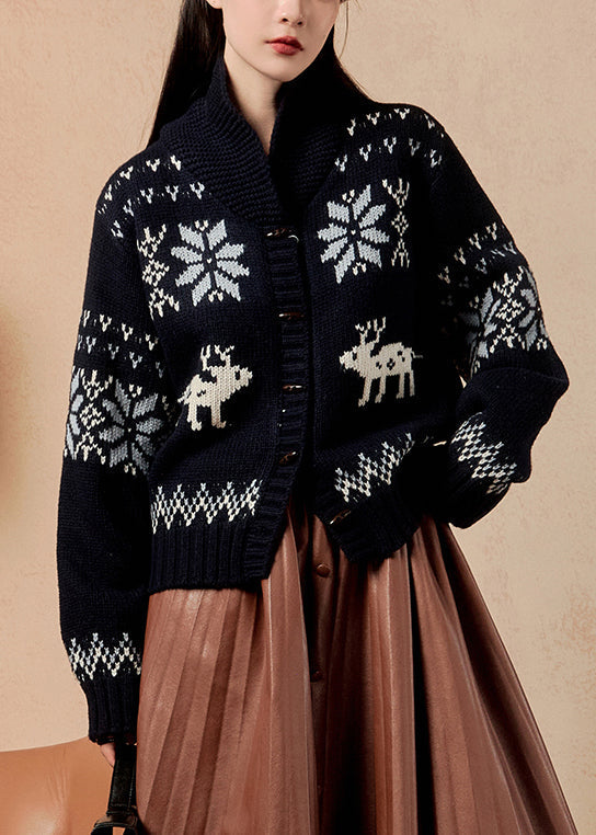 Jacquard Navy Button Cozy Knit Coats Winter