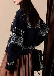 Jacquard Navy Button Cozy Knit Coats Winter