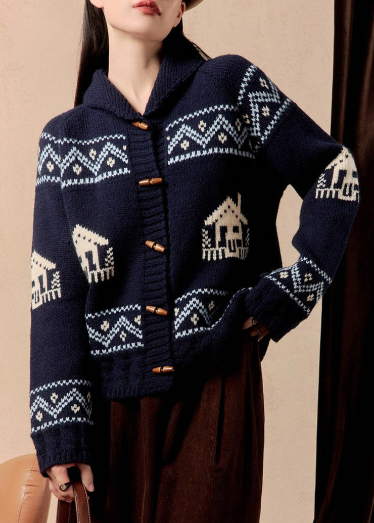 Jacquard Navy Hooded Button Knit Coats Winter