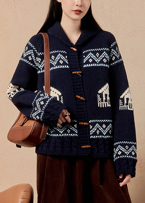 Jacquard Navy Hooded Button Knit Coats Winter