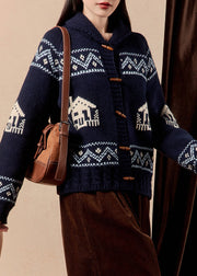 Jacquard Navy Hooded Button Knit Coats Winter