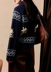 Jacquard Navy Hooded Button Knit Coats Winter