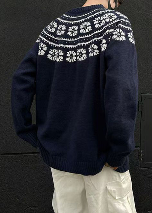 Jacquard Navy O-Neck Cozy Knit Mens Sweater Spring