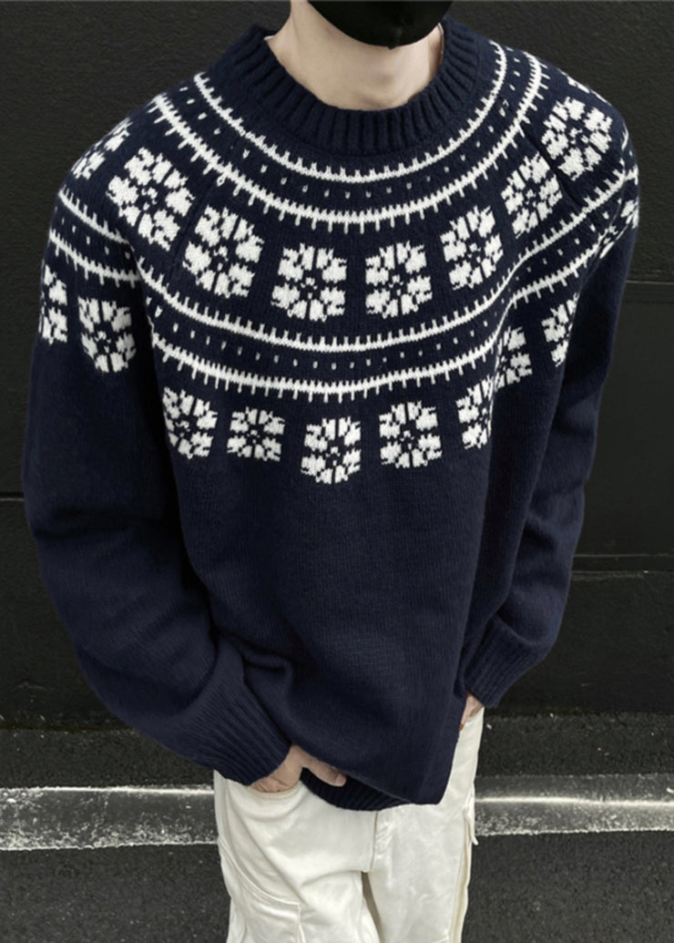 Jacquard Navy O-Neck Cozy Knit Mens Sweater Spring