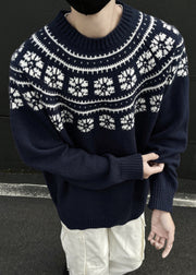 Jacquard Navy O-Neck Cozy Knit Mens Sweater Spring