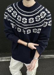 Jacquard Navy O-Neck Cozy Knit Mens Sweater Spring