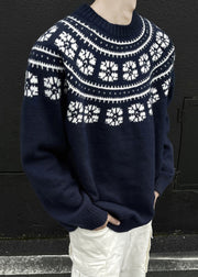 Jacquard Navy O-Neck Cozy Knit Mens Sweater Spring