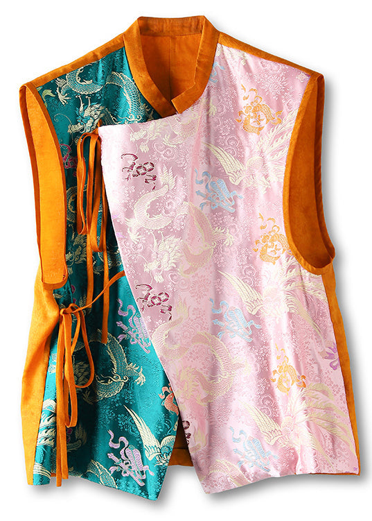 Jacquard Orange Asymmetrical Lace Up Patchwork Silk Waistcoat Sleeveless