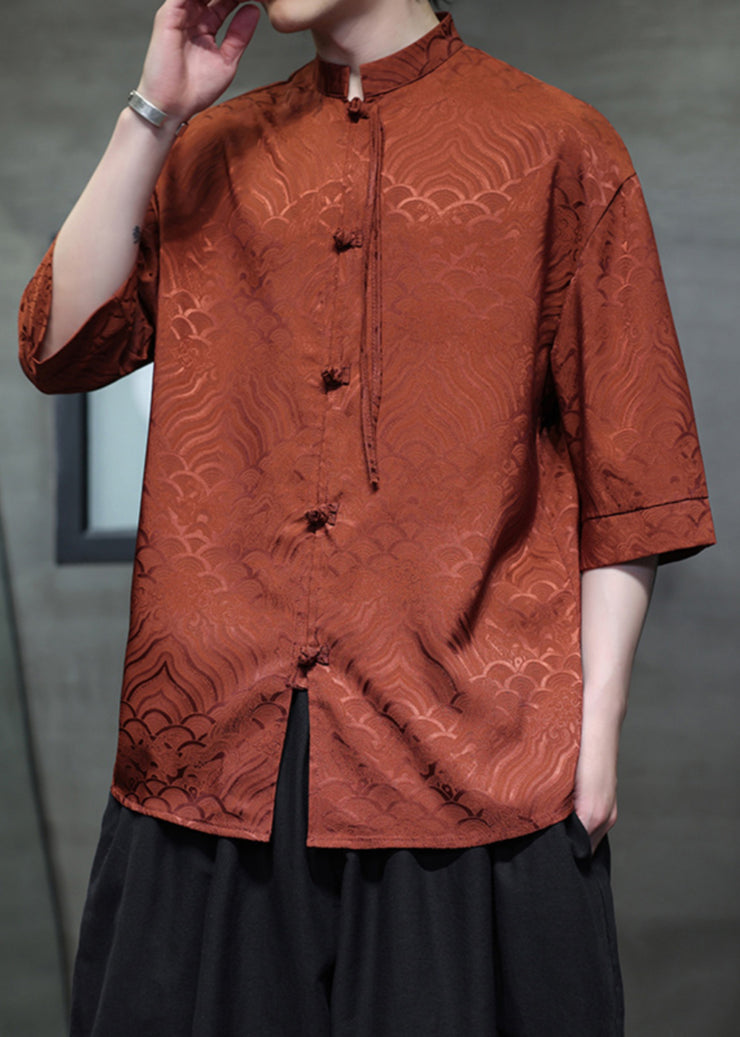 Jacquard Orange Stand Collar Chinese Button Ice Silk Men Shirts Summer