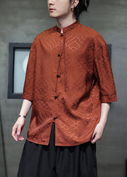 Jacquard Orange Stand Collar Chinese Button Ice Silk Men Shirts Summer
