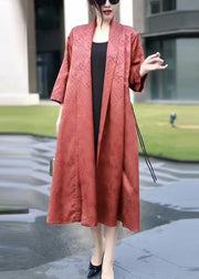 Jacquard Orange V Neck Tie Waist Silk Long Coat Spring