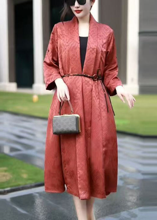 Jacquard Orange V Neck Tie Waist Silk Long Coat Spring