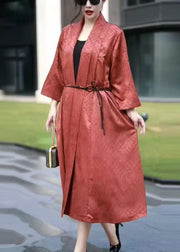 Jacquard Orange V Neck Tie Waist Silk Long Coat Spring