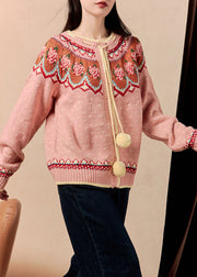 Jacquard Pink Button Lace Up Knit Cardigan Winter