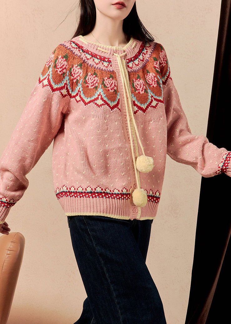 Jacquard Pink Button Lace Up Knit Cardigan Winter