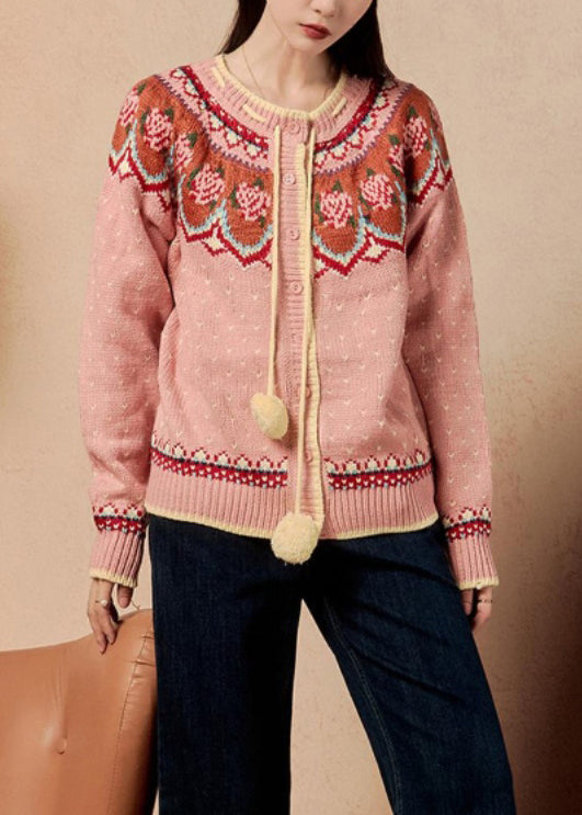 Jacquard Pink Button Lace Up Knit Cardigan Winter