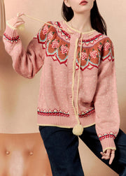 Jacquard Pink Button Lace Up Knit Cardigan Winter