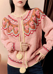 Jacquard Pink Button Lace Up Knit Cardigan Winter