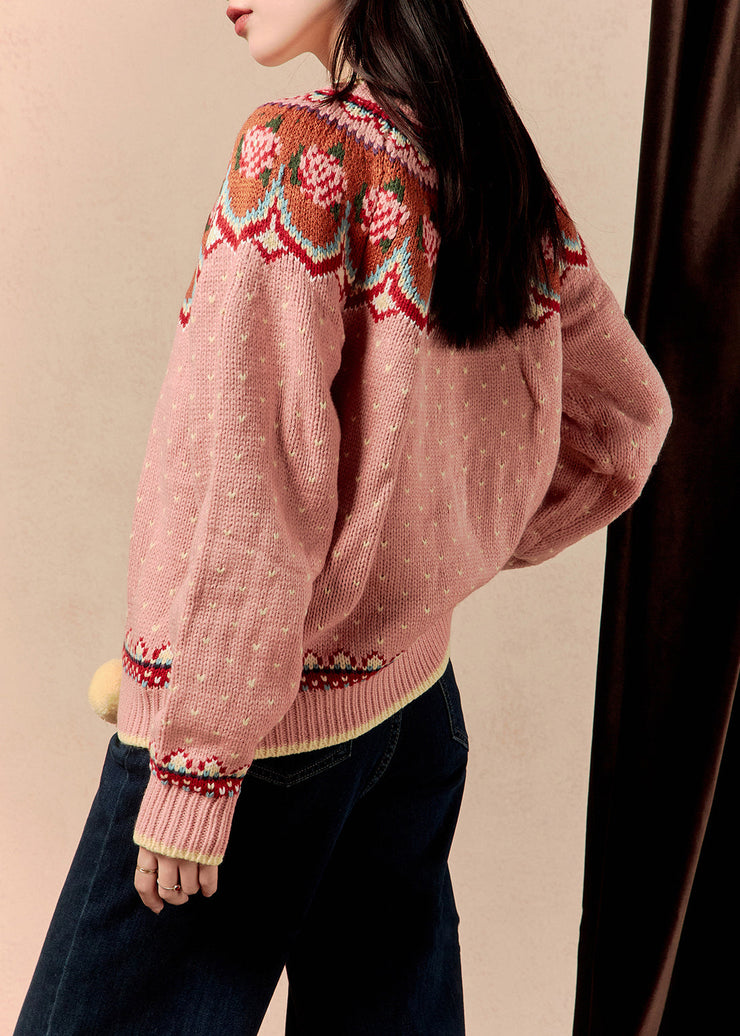 Jacquard Pink Button Lace Up Knit Cardigan Winter