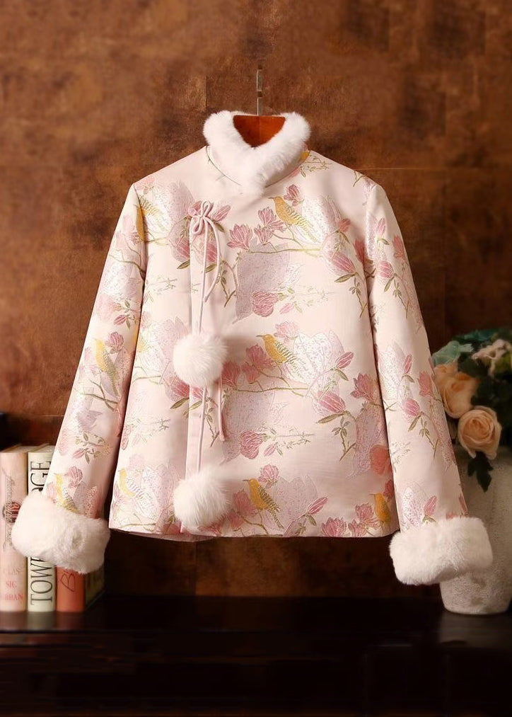 Jacquard Pink Fur Collar Fuzzy Ball Patchwork Duck Down Down Coats Winter