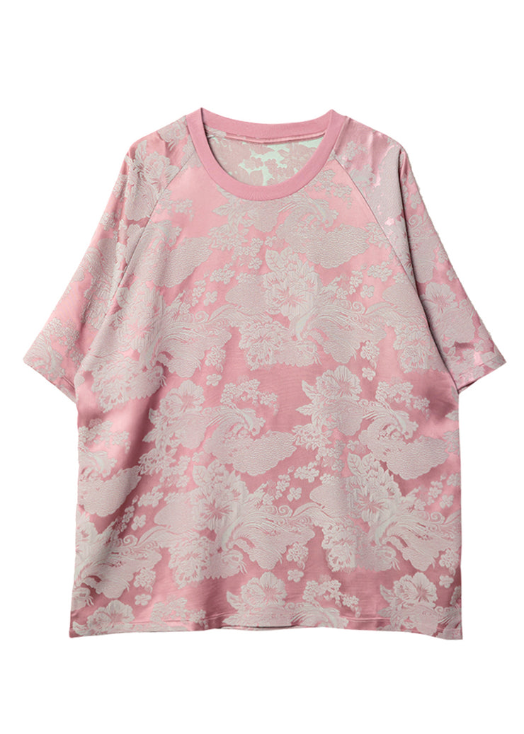 Jacquard Pink O-Neck Chiffon T Shirt Short Sleeve