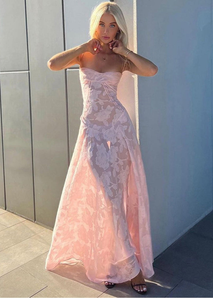 Jacquard Pink Sheer Lace Long Spaghetti Strap Dress Summer