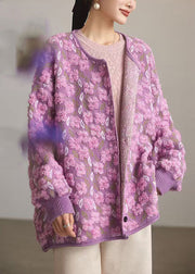 Jacquard Purple O Neck Button Knit Coats Spring