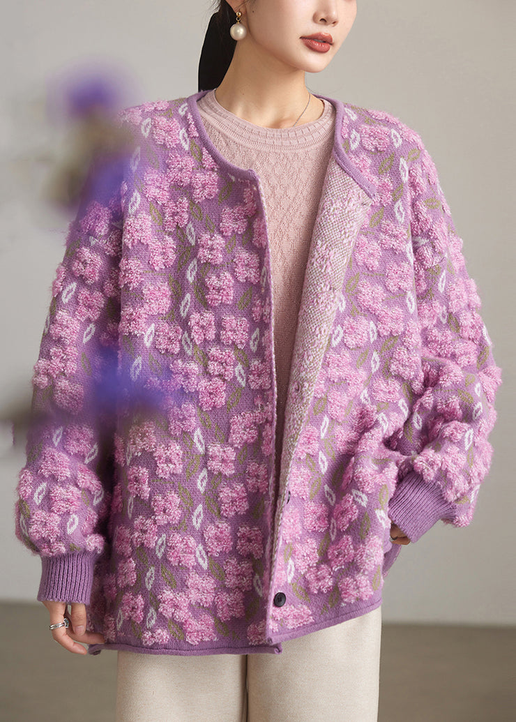 Jacquard Purple O Neck Button Knit Coats Spring