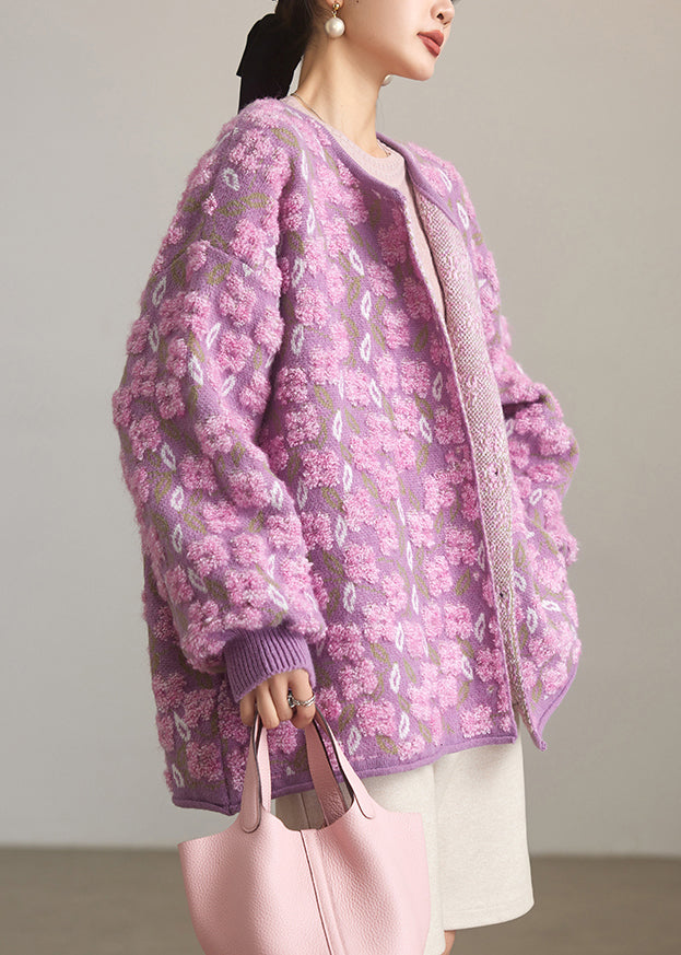 Jacquard Purple O Neck Button Knit Coats Spring