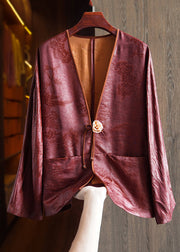 Jacquard Red Button Pockets Patchwork Silk Coats Fall