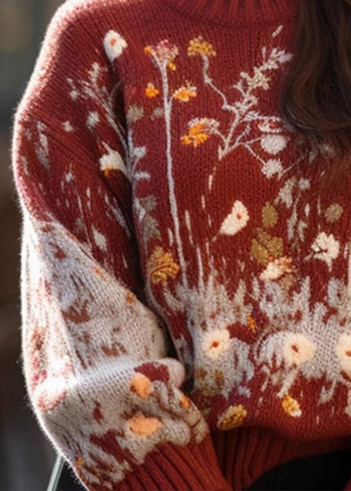 Jacquard Red O-Neck Cozy Loose Knit Sweater Winter