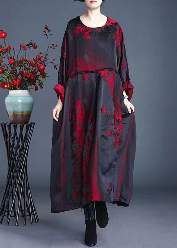 Jacquard Red O-Neck Pockets Print Silk Maxi Dress Spring