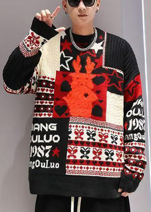 Jacquard Red Original Design Thick Cotton Knit Men Sweater Winter