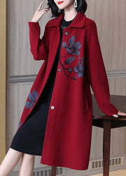 Jacquard Red Peter Pan Collar Button Pockets Woolen Coat Spring