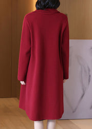 Jacquard Red Peter Pan Collar Button Pockets Woolen Coat Spring