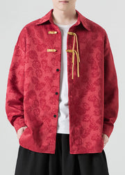 Jacquard Red Peter Pan Collar Button Warm Fleece Shirt Men Spring