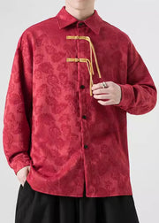 Jacquard Red Peter Pan Collar Button Warm Fleece Shirt Men Spring