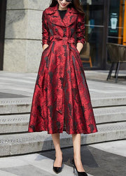 Jacquard Red Peter Pan Collar Tie Waist Patchwork Cotton Long Trench Coat Fall