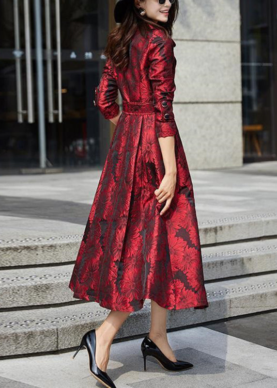 Jacquard Red Peter Pan Collar Tie Waist Patchwork Cotton Long Trench Coat Fall