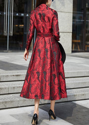 Jacquard Red Peter Pan Collar Tie Waist Patchwork Cotton Long Trench Coat Fall